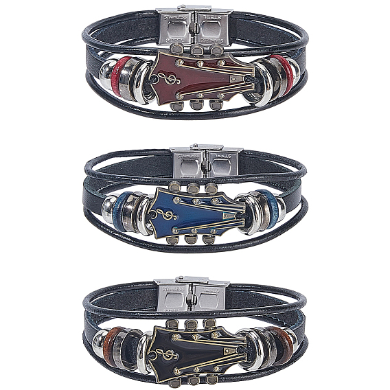 3шт. 3 цвета браслеты из сплава и кожаного шнура для мужчин и женщин, гитар