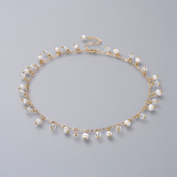 Beaded Necklaces, with Natural Pearl, Glass Beads, Brass Cable Chains and Lobster Claw Clasps