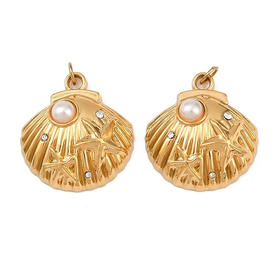 304 подвески из нержавеющей стали, формы раковины, с пластиковой искусственной жемчужиной и стразами, ионное покрытие (ip), с целью перехода в кольце