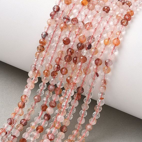 Natural Hematoid Quartz/Ferruginous Quartz Beads Strands, Round, Faceted
