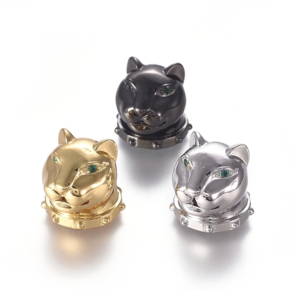 Brass Micro Pave Cubic Zirconia Cougar Beads, Lion Head, Green