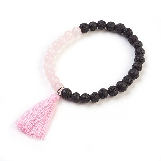 Natural Lava Rock and Natural Gemstone Stretch Bracelets, with Cotton Thread Tassels Pendants
