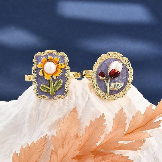 Кольца-манжеты с цветочным узором из латуни, эмали и натурального пресноводного жемчуга для женщин, золотые