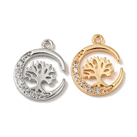 Brass Micro Pave Clear Cubic Zirconia Pndants, Moon with Tree of Life