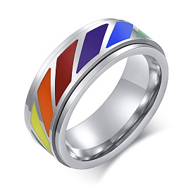 Rainbow Color Pride Flag Rotating Enamel Rhombus Finger Ring, Stainless Steel Fidget Spinner Ring for Stress Anxiety Relief