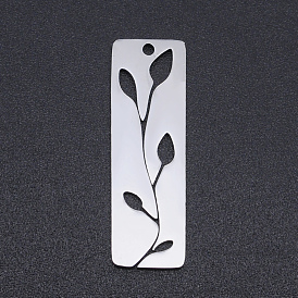 201 Stainless Steel Pendants, Rectangle with Leaf