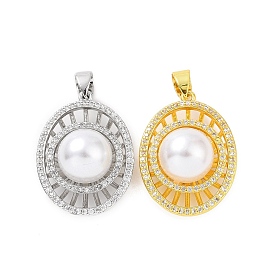 Eco-friendly Rack Plating Brass Micro Pave Cubic Zirconia Pendants, with ABS Platic Imitation Pearls, Cadmium Free & Lead Free, Long-Lasting Plated, Oval Eye Charm
