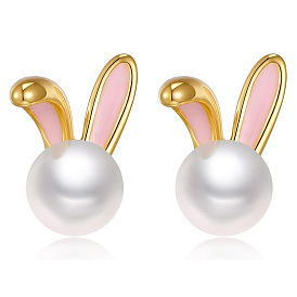 Кролика эмали сплава серьги стержня, с пластиковой имитационной жемчужиной