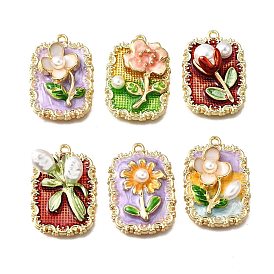Подвески из эмали и сплава, с ABS имитации жемчуга, прямоугольник с цветочной подвеской, стойки покрытие, долговечный, без свинца, без кадмии и без никеля, золотые