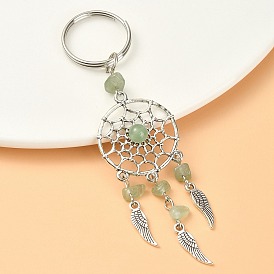 Natural Green Aventurine Chip Keychain, with Tibetan Style Pendants and 316 Surgical Stainless Steel Key Ring, Woven Net/Web with Feather
