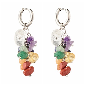 Natural Mixed Gemstone Chip Beads Earring for Girl Women, 304 Stainless Steel Huggie Hoop Earrings