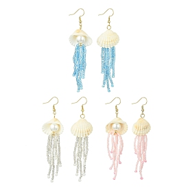 Natural Clam Shell Imitation Pearl Dangle Earrings, Glass Seed Bead Tassel Earrings for Women