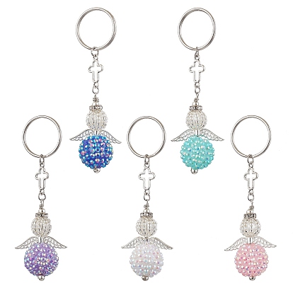 Seed Beads Keychain, with Iron Split Key Rings and Resin Rhinestone Beads, Angel
