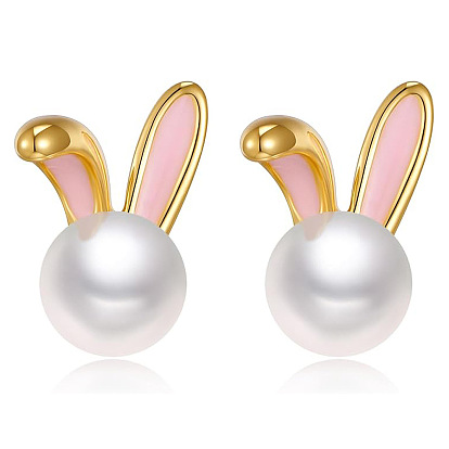 Кролика эмали сплава серьги стержня, с пластиковой имитационной жемчужиной