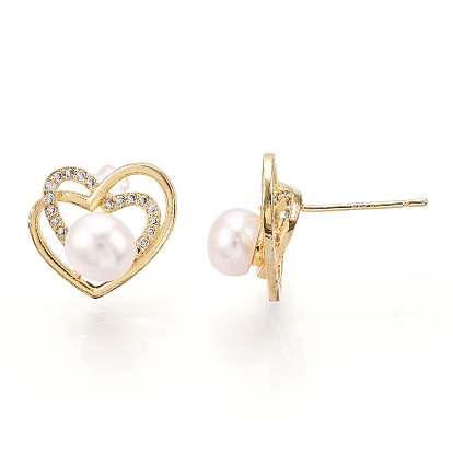 Hollow Heart Clear Cubic Zirconia Stud Earrings with Natural Pearl, Brass Earring with 925 Sterling Silver Pins