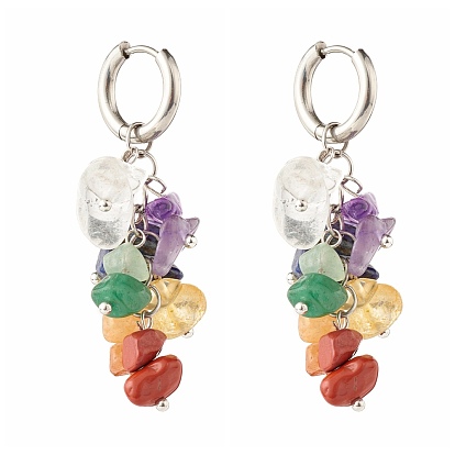 Natural Mixed Gemstone Chip Beads Earring for Girl Women, 304 Stainless Steel Huggie Hoop Earrings