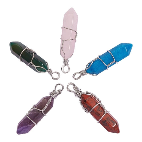 5Pcs 5 Style Natural Gemstone Pendants, with Platinum Iron Findings, Wire Wrapped Pendants, Bullet