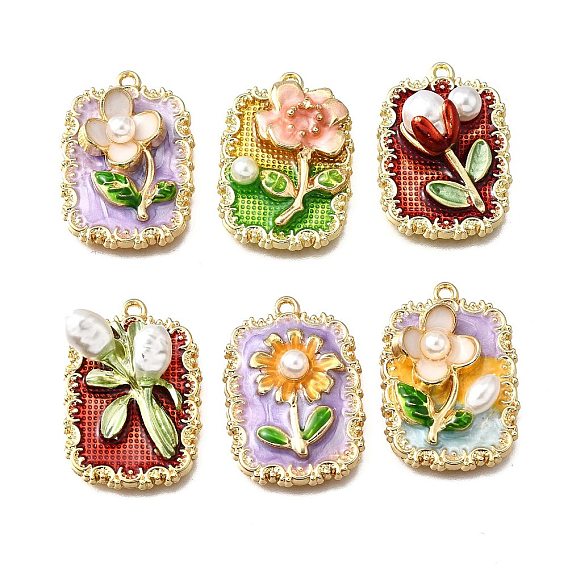 Подвески из эмали и сплава, с ABS имитации жемчуга, прямоугольник с цветочной подвеской, стойки покрытие, долговечный, без свинца, без кадмии и без никеля, золотые
