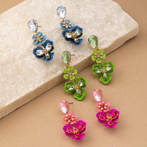 Серьги-гвоздики из сплава и акрила, смолой и горный хрусталь, цветок, золотые