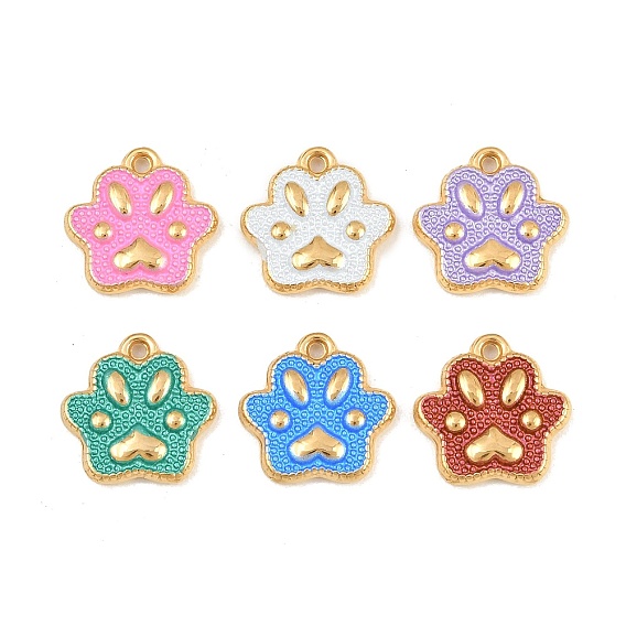 304 Stainless Steel Enamel Pendants, Paw Print Charms, Ion Plating(IP), Real 18K Gold Plated
