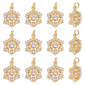 12 colgantes de circonita cúbica micro pavé de latón, encantos de copo de nieve, sin plomo y cadmio, chapado en rack, larga duración plateado, con anillo de salto