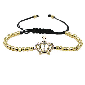 Copper Plated Crown Bracelet with Micro Inlaid Zirconia Stones - Adjustable Woven Accessory