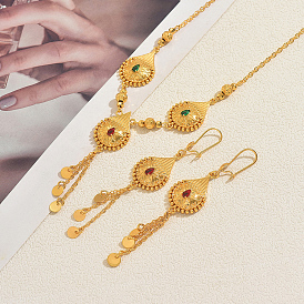 Наборы сережек и колье для женщин с микропаве из латуни, разноцветными кубическими фианитами в форме капли, кисточками и циркониями.