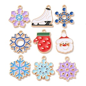 Christmas Zinc Alloy Enamel Pendants, Light Gold, Snowflake/Skates/Gloves/Santa Claus Char
