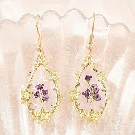 Серьги-подвески из сплава и сушеных цветов, с помощью клея для погружения, форма слезы