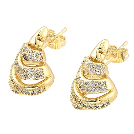 Rack Plating Brass Micro Pave Clear Cubic Zirconia Stud Earrings, Horn