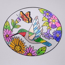 Acrylic Hummingbird Stained Hangings, with Iron Findings, Flat Round with Bird and Floral Pattern, for Window Decoration