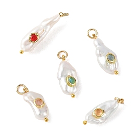 Natural Baroque Keshi Pearl Pendants, Nuggets Charms with Brass Rhinestone Findings, Golden