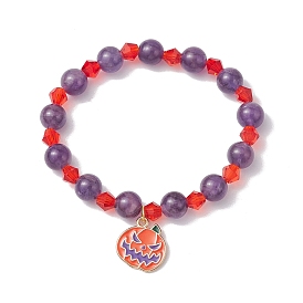 Halloween 8mm Round Natural Amethyst & Glass Beaded Stretch Bracelets, Alloy Enamel Pumpkin Charm Bracelets for Women