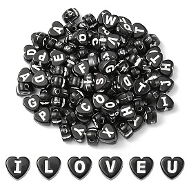 Perles acryliques de style artisanal, trou horizontal, coeur avec des lettres mélangées au hasard