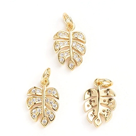 Brass Micro Pave Cubic Zirconia Pendants, Tropical Leaf Charms, with Jump Ring, Monstera Leaf