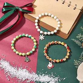 3Pcs Christmas Alloy Enamel Charm Bracelets, Synthetic Turquoise Dyed Beads & Natural Magnesite Beads Stretch Bracelets for Women
