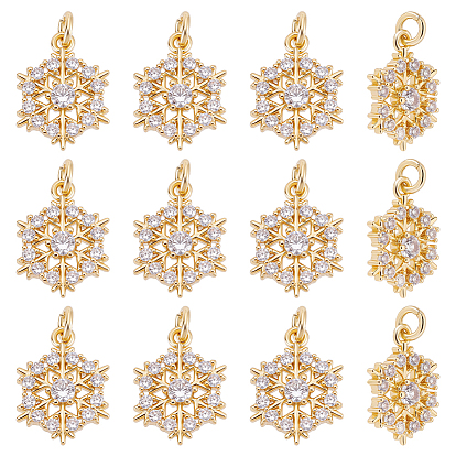 12 colgantes de circonita cúbica micro pavé de latón, encantos de copo de nieve, sin plomo y cadmio, chapado en rack, larga duración plateado, con anillo de salto