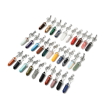 Gemstone Double Terminated Pointed Big Pendants, with Platinum Tone Brass Findings, Cadmium Free & Lead Free, Ring with Star & Bullet, Faceted