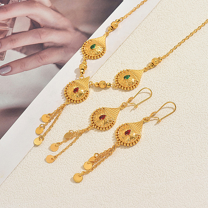 Наборы сережек и колье для женщин с микропаве из латуни, разноцветными кубическими фианитами в форме капли, кисточками и циркониями.