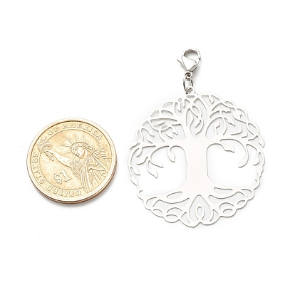 Flat Round with Tree of Life 201 Stainless Steel Filigree Pendant Decorations, with 304 Stainless Steel Lobster Claw Clasps & Open Jump Rings