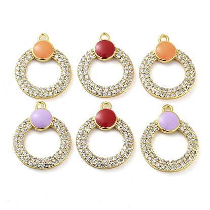 Brass Micro Pave Clear Cubic Zirconia Pendants, with Enamel, Real 18K Gold Plated, Round Ring Charms