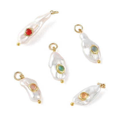Natural Baroque Keshi Pearl Pendants, Nuggets Charms with Brass Rhinestone Findings, Golden