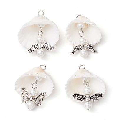 4Pcs 4 Styles Copper Wire Wrapped Shell Pendants, Angel Charms with Glass Pearl Beads & Alloy Wings