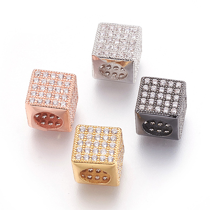 Brass Micro Pave Cubic Zirconia European Beads, Large Hole Beads, Cube, Clear