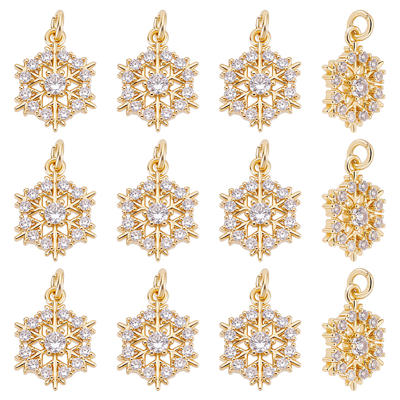 12Pcs Brass Micro Pave Cubic Zirconia Pendants, Snowflake Charms, Cadmium Free & Lead Free, Rack Plating, Long-Lasting Plated, with Jump Ring