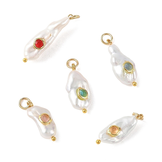 Natural Baroque Keshi Pearl Pendants, Nuggets Charms with Brass Rhinestone Findings, Golden