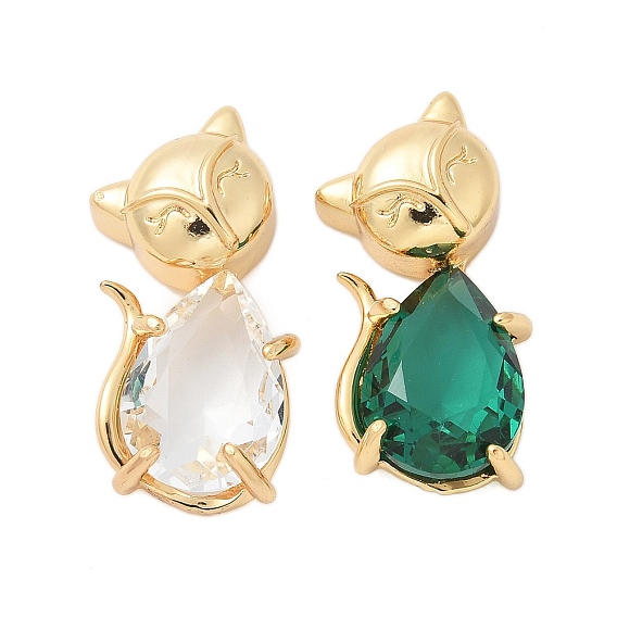 Латунные микропаве прозрачные подвески с фианитом, без кадмия и без свинца, лиса, с прыгающим кольцом и стеклом, долговечный