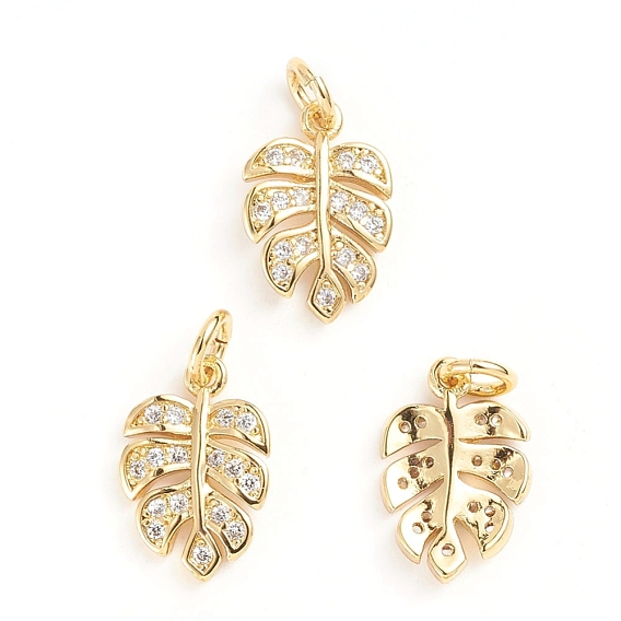 Brass Micro Pave Cubic Zirconia Pendants, Tropical Leaf Charms, with Jump Ring, Monstera Leaf
