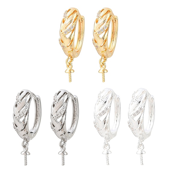 Brass Micro Pave Clear Cubic Zirconia Huggie Hoop Earring Findings, for Half Drilled Beads, Rack Plating, Long-lasting Plated