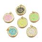 Real 18K Gold Plated Brass Enamel Pendants, Long-Lasting Plated, with Jump Rings, Lead Free & Cadmium Free, Flat Round with Sun